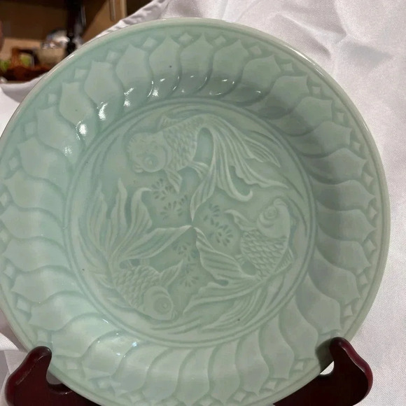 Vintage Celadon Seafoam Ceramic Koi Salad Plates - Picture 4 of 5